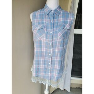 ETWO Button Up Top Womens‎ Medium Blue Pink White Plaid Lace Sleeveless Pockets